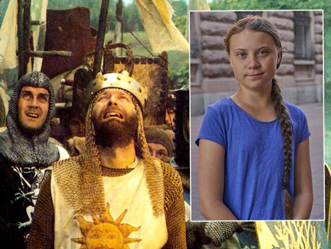 Monty Python's Holy Grail, and (inset) pig-tailed climate soothsayer Greta Thunberg