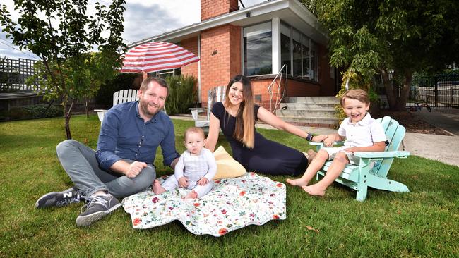 Maya Kafrouni, her husband Luke McMahon and their sons, James, 4, and Lewis, 7 months, at their Frankston house. Picture: Nicki Connolly