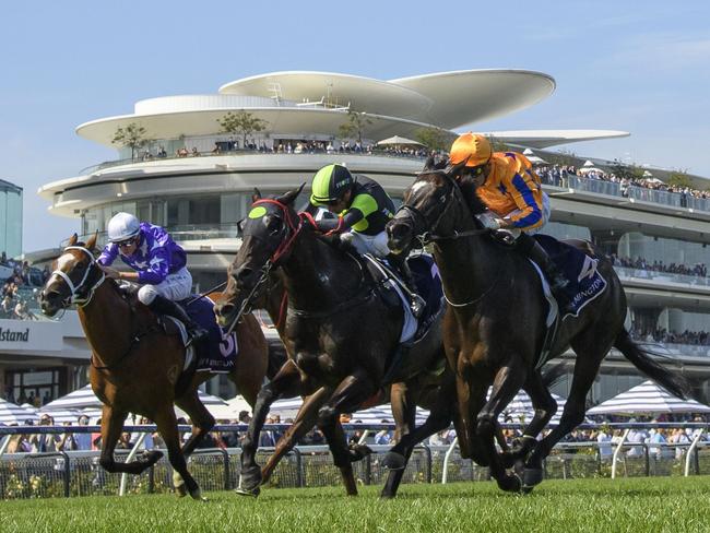 MELBOURNE, AUSTRALIA - FEBRUARY 17: Opie Bosson riding Imperatriz defeats Blake Shinn riding Private Eye and Espiona in Race 8, the Black Caviar Lightning, during Melbourne Racing at Flemington Racecourse on February 17, 2024 in Melbourne, Australia. (Photo by Vince Caligiuri/Getty Images)