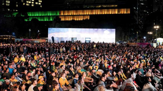 Federation Square in Melbourne won’t be a live site after rowdy crowds broke barriers and set off flares on Wednesday. Picture: NCA NewsWIRE/ Monique Harmer