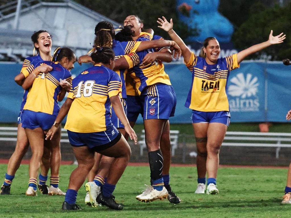 The Cairns Kangaroos celebrate winning the Far North Queensland Rugby League (FNQRL) women's grand final match against the Atherton Roosters at Barlow Park. Picture: Brendan Radke