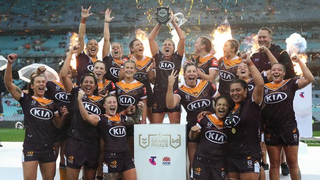 Broncos celebrate victory after the Roosters v Broncos NRLW Grand Final at ANZ Stadium, Homebush. Picture: Brett Costello