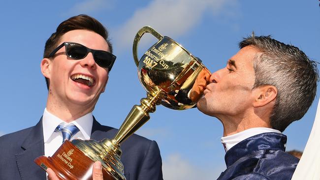 Rekindling trainer Joseph O'Brien and jockey Corey Brown celebrate their win. Picture: Quinn Rooney/Getty