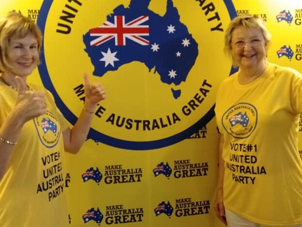 Photos of United Australia Party members wearing shirts and hats made in China. Source - https://www.facebook.com/susan.bertuch