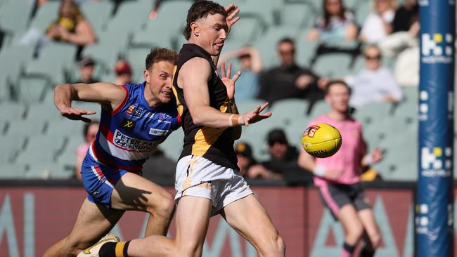 Tiger Lachie Hosie kicks his first goal after only 102 seconds in his comeback game against the Bulldogs at Adelaide Oval last Sunday. Picture: David Mariuz/SANFL