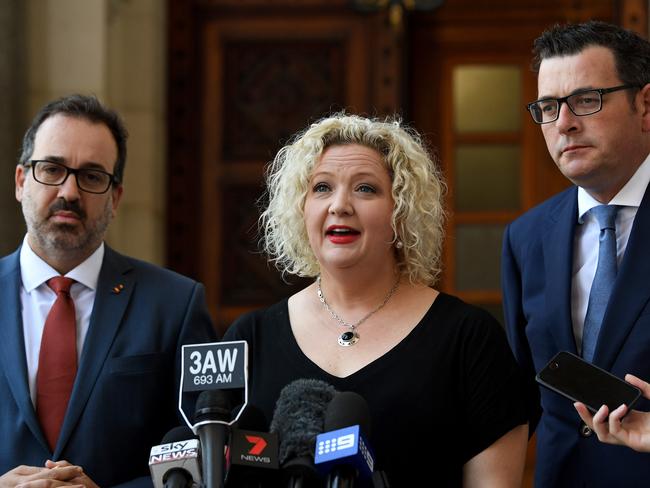 State Attorney-General Martin Pakula, Minister for Health Jill Hennessy and Victorian Premier Daniel Andrews outside Parliament House. Picture: AAP Image/Joe Castro