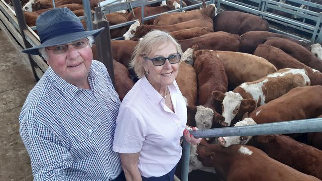 Cam and Carol Emerson, Alva Downs at Coleraine, were back in the market selling their line of Simmental steers at Hamilton on Wednesday (day thrree) after selling the cattle privately in recent seasons. The 142 steers sold from 600c/kg to 642c/kg, the heaviest working out at $2508.