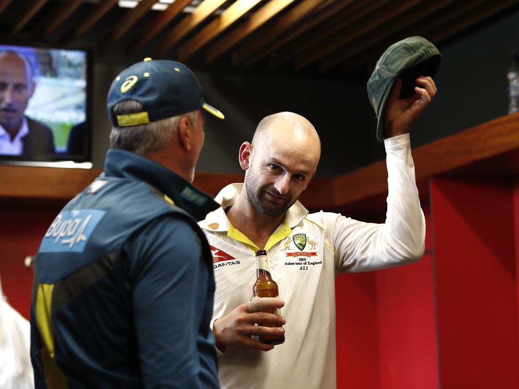 MANCHESTER, ENGLAND - SEPTEMBER 08: Nathan Lyon of Australia and Steve Waugh, Australian Team Mentor, celebrate in the change rooms after Australia claimed victory to retain the Ashes during day five of the 4th Specsavers Test between England and Australia at Old Trafford on September 08, 2019 in Manchester, England. (Photo by Ryan Pierse/Getty Images)