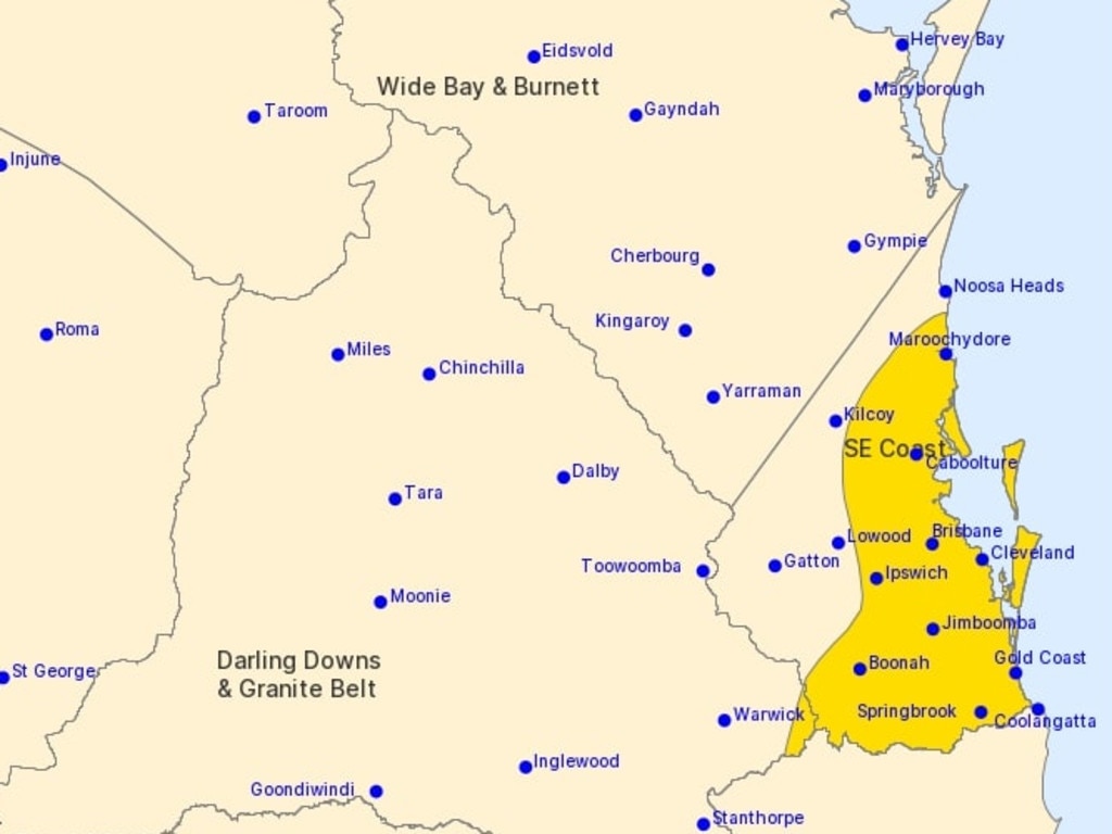 The severe weather system is affecting parts of the Southeast Coast and Darling Downs and Granite Belt forecast districts.