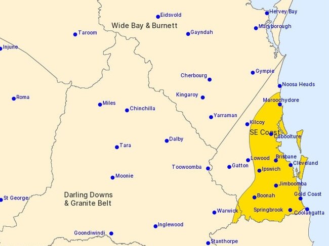 The severe weather system is affecting parts of the Southeast Coast and Darling Downs and Granite Belt forecast districts.