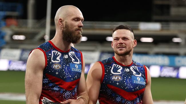 Max Gawn and Steven May after the loss to Geelong. Picture: Michael Klein