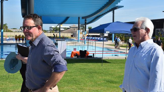 Solomon MP Luke Gosling and Lord Mayor Kon Vatskalis at the opening of Casuarina Aquatic and Leisure Centre.