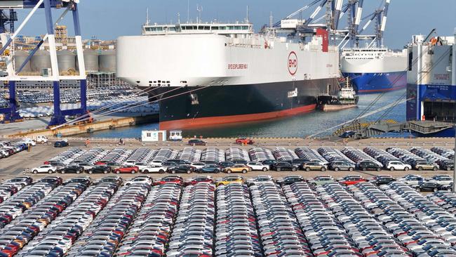 Electric cars for export at Yantai port in China's Shandong province. Picture: AFP