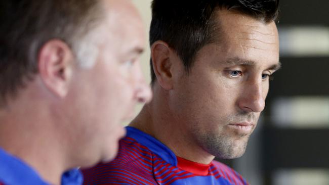 Knights coach Adam O'Brien and Mitchell Pearce hold a press conference before Pearce stepped down from his role as Newcastle captain (AAP Image/Darren Pateman)