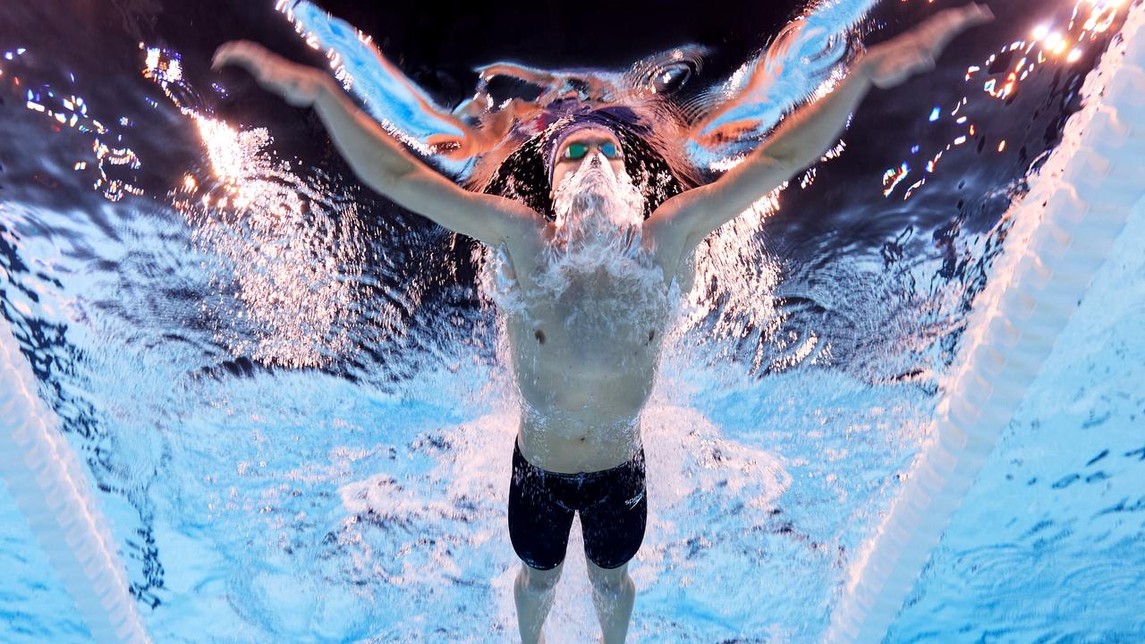 This image was captured using an underwater robotic camera and shows Leon Marchand on his way to helping host nation France take the number two position on the medal tally on day two of the Paris Games. Picture: Adam Pretty/Getty Images
