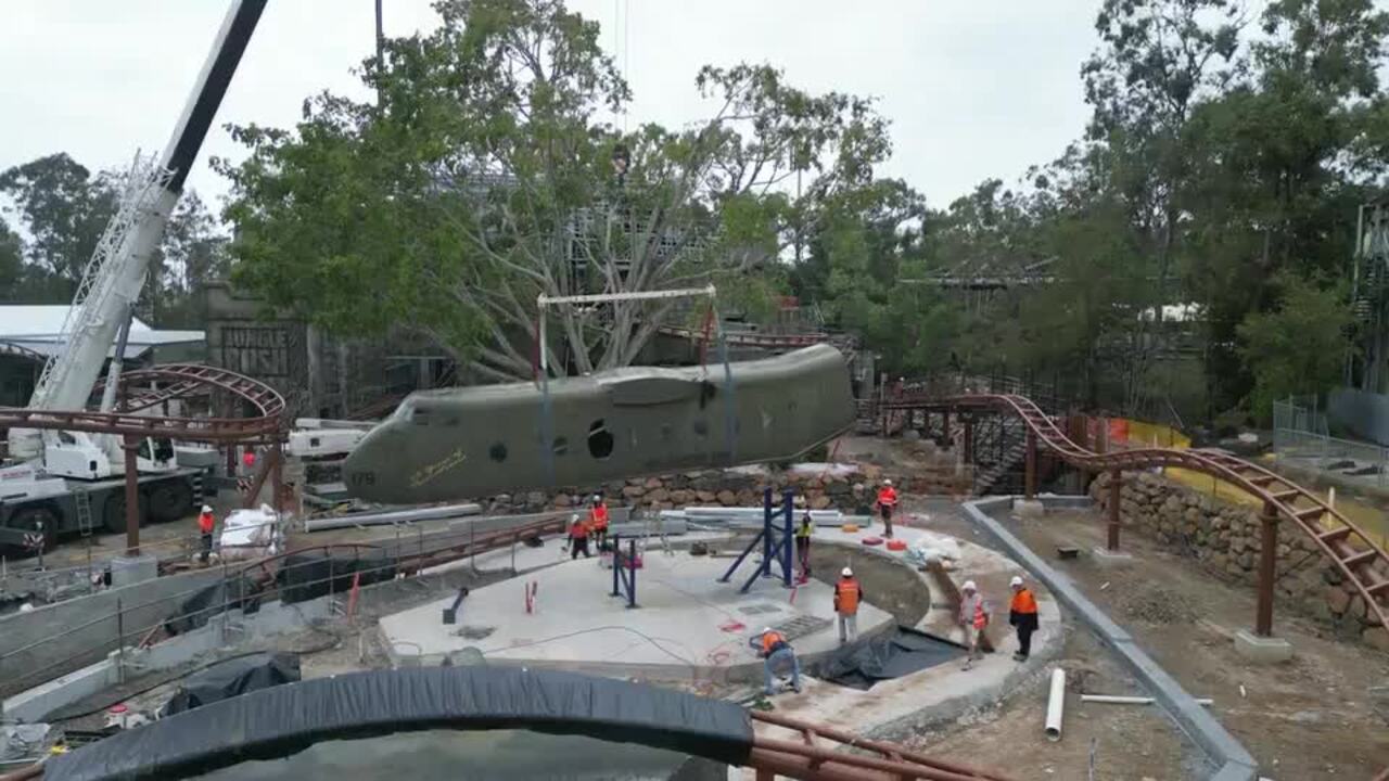 Drone footage of Dreamworld's new Rivertown precinct Vietnam War-era RAAF Caribou A4-179