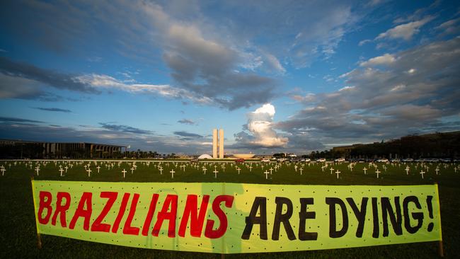 The 400 crosses placed in honour of the almost 400,000 COVID-19 victims in Brasilia, Brazil. Picture: Getty Images