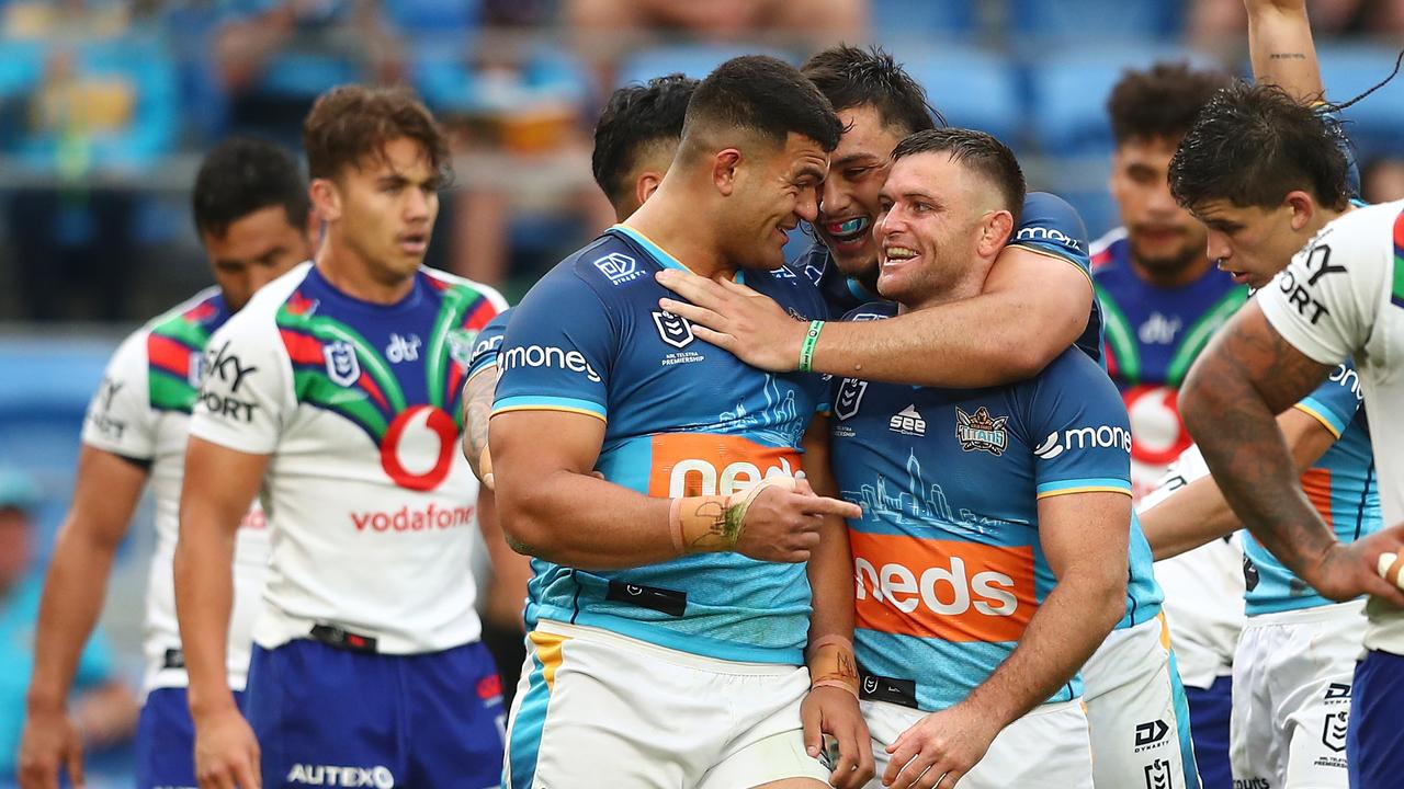 David Fifita celebrates scoring a try against the New Zealand Warriors in round 25. Picture: Chris Hyde/Getty Images