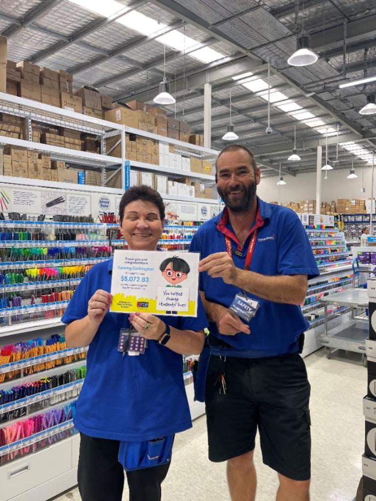 Toowoomba residents have raised an incredible $20,000 for the Smith Family as part of Officeworks annual campaign. Tammy Codrington and Brett McConochie.