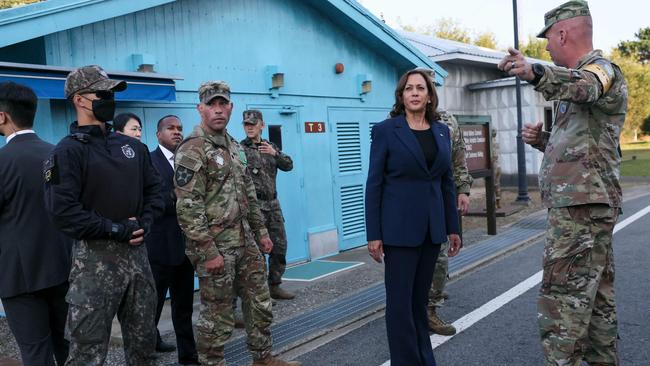 US Vice President Kamala Harris is given a tour near the demarcation line at the demilitarised zone separating North and South Korea. Picture: AFP