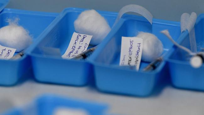 Syringes filled with the Pfizer COVID-19 vaccination are ready for patients in Sydney. Picture: Bianca De Marchi