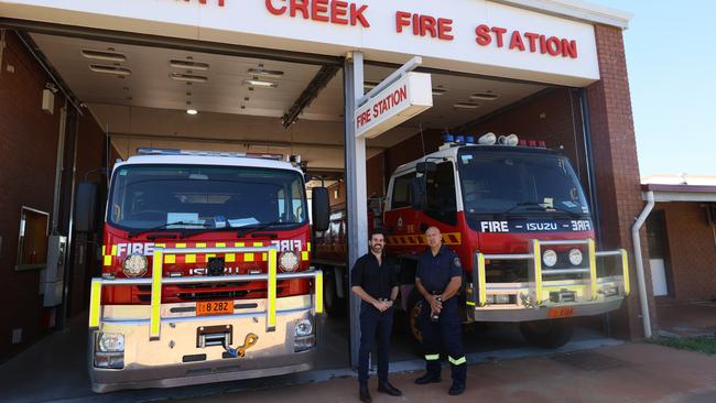 Attorney-General Chansey Paech with officer-in-charge of Tennant Creek Fire Station Robert Crowell. Picture: David Curtis