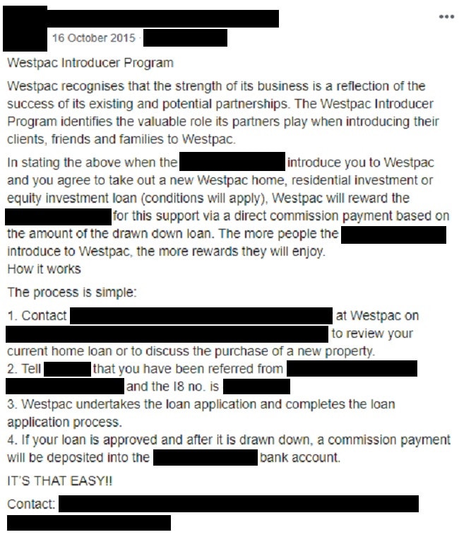 A local rugby league club’s Facebook post from 2015 about Westpac’s home loan introducer program.