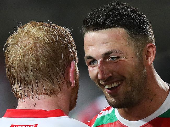 Rabbitoh's Sam Burgess with Dragon's James Graham at full time during NRL match between the St.George-Illawarra Dragons and South Sydney Rabbitohs at Kogarah oval. Picture. Phil Hillyard