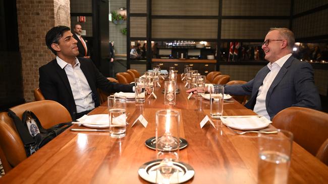 Rishi Sunak and Anthony Albanese talk at the Lionfish restaurant in San Diego, California, on Monday Australian time. Picture: Leon Neal/WPA Pool /Getty Images