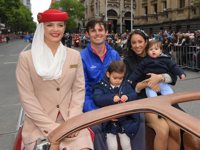 Trainer James Cummings with wife Monica and children Adeline and Harvey during the 2017 Melbourne Parade. Picture: Vince Caligiuri/Getty Images