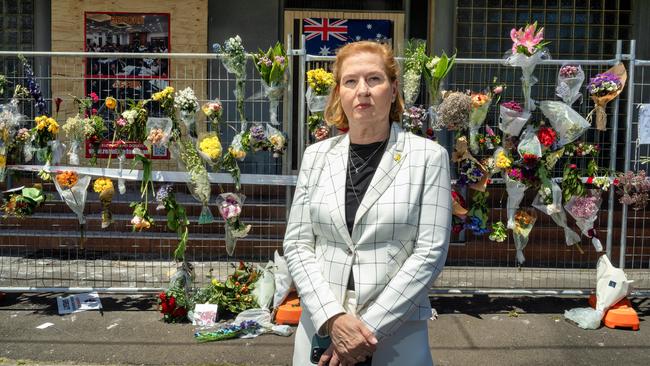 Former Israeli foreign Minister Tzipi Livni poses outside the firebombed Adass Israel Synagogue in Melbourne’s Ripponlea on Monday. Picture: Luis Enrique Ascui