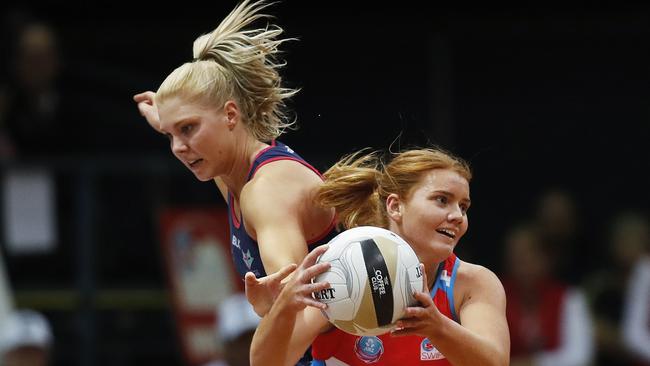 Swifts Steph Wood fighting for the ball against the Vixens. Pic: Phil Hillyard