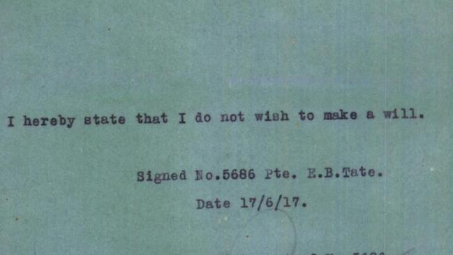 Errol Bannister Tate did not wish to make a will. This note was made four months before his death.