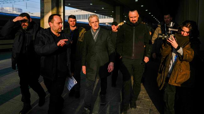 Norwegian Prime Minister Jonas Gahr Store arrives in Kyiv before attending the summit with European leaders on the third anniversary of the Russian invasion. Picture: AFP