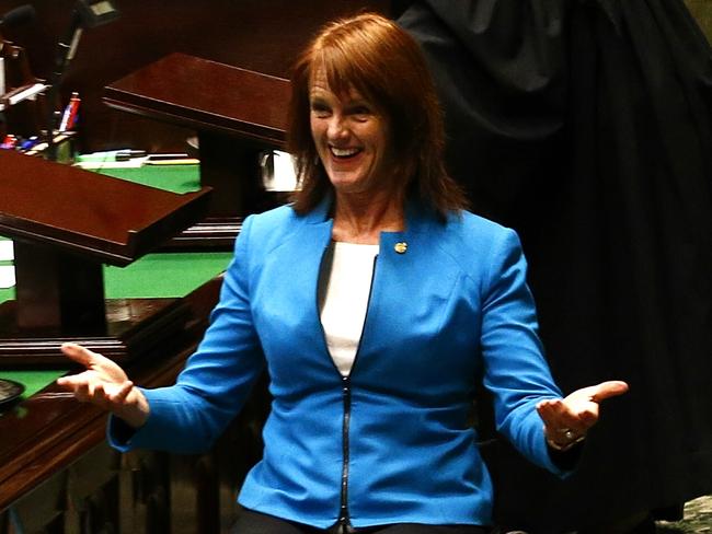 Happy days: Liesl Tesch in State Parliament. Picture: John Appleyard