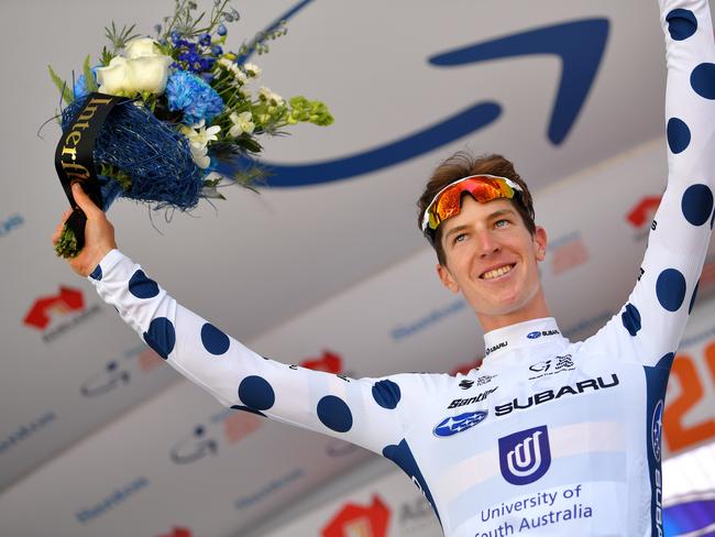 TANUNDA, AUSTRALIA - JANUARY 21: Podium / Jarrad Drizners of Australia Team UniSA-Australia Polka Dot Mountain Jersey / Celebration / Flowers / during the 22nd Santos Tour Down Under 2020 - Stage 1 a 150km stage from Tanunda to Tanunda / TDU / @tourdownunder / #UCIWT / on January 21, 2020 in Tanunda, Australia. (Photo by Tim de Waele/Getty Images)