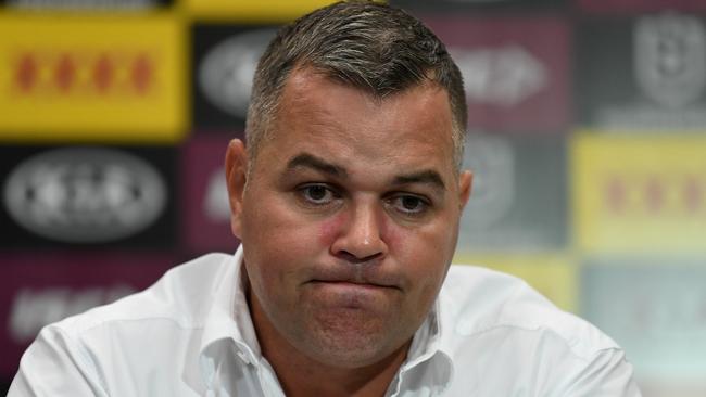 Broncos coach Anthony Seibold reacts during a post match press conference after losing the Round 7 NRL match between the Brisbane Broncos and the Gold Coast Titans at Suncorp Stadium in Brisbane, Saturday, June 27, 2020. (AAP Image/Dan Peled) NO ARCHIVING, EDITORIAL USE ONLY