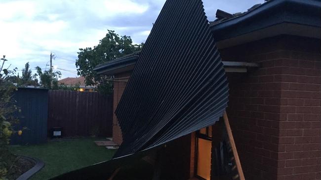 Part of this carport roof landed in a neighbour’s backyard in Altona Meadows. Picture: Amanda Kemp