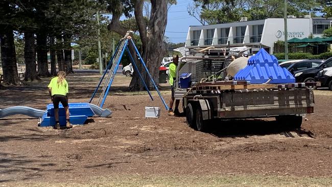 Workers take down parts of the playground in Banner Park, Brunswick Heads on Tuesday, December 1, 2020. Picture: Liana Boss