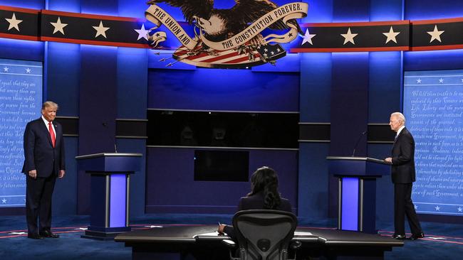 Donald Trump and Joe Biden take to the stage for the final presidential debate. Picture: AFP