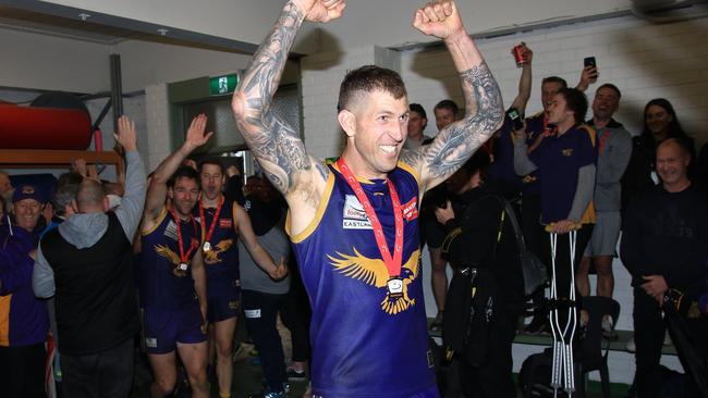 Ross celebrates the 2019 premiership win. Picture: Davis Harrigan