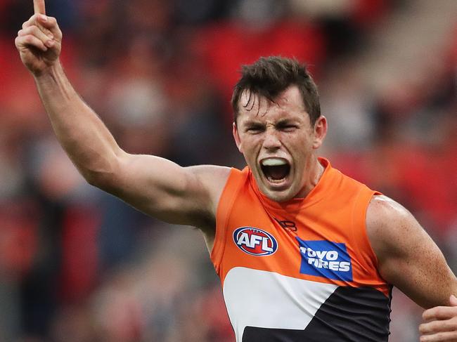 Giants Brent Daniels celebrates kicking a goal  during the AFL match GWS Giants and Carlton Blues at Giants Stadium. Picture. Phil Hillyard