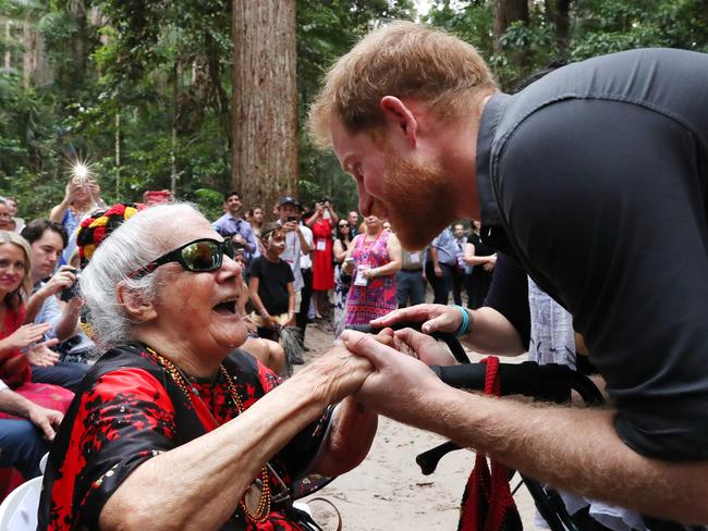 Prince Harry and Aunty Joyce Smith, the oldest surviving member of Butchulla people. Picture: Liam Kidston