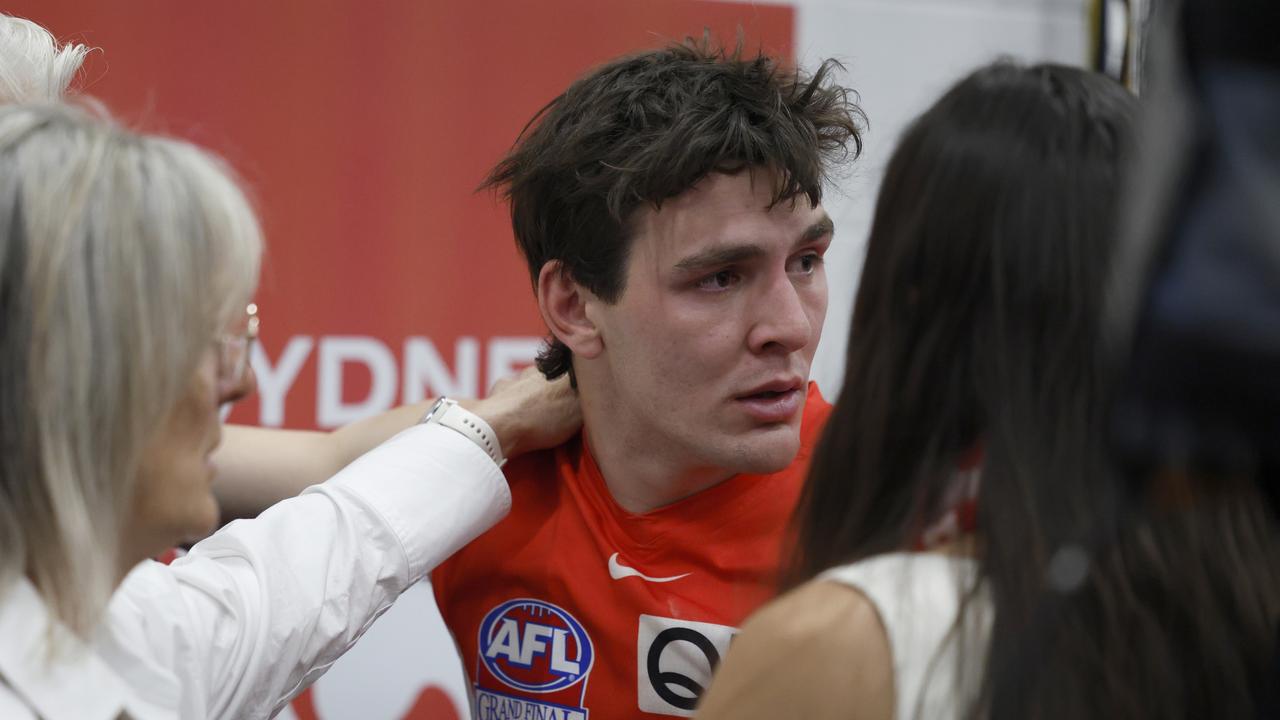 MELBOURNE, AUSTRALIA - SEPTEMBER 28: Errol Gulden of the Swans reacts after the AFL Grand Final match between Sydney Swans and Brisbane Lions at Melbourne Cricket Ground, on September 28, 2024, in Melbourne, Australia. (Photo by Daniel Pockett/AFL Photos/Getty Images)