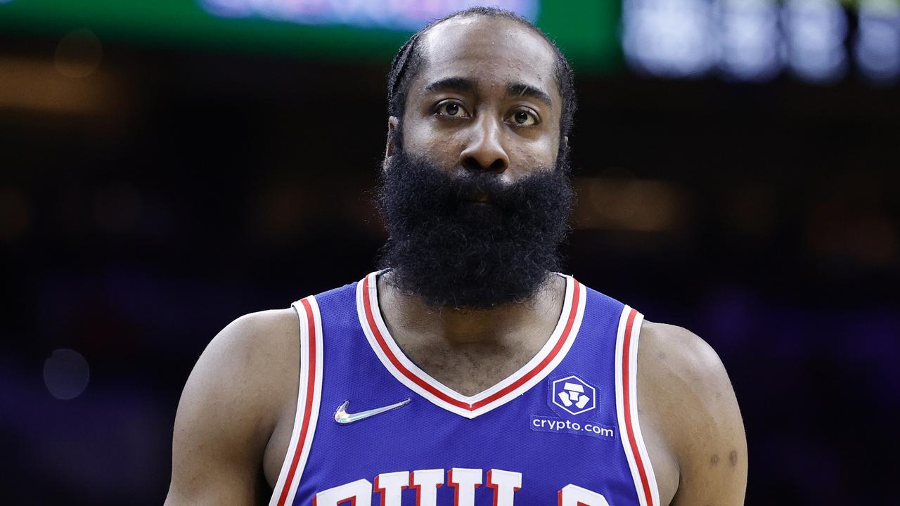 PHILADELPHIA, PENNSYLVANIA - APRIL 25: James Harden #1 of the Philadelphia 76ers look on in the third quarter against the Toronto Raptors during Game Five of the Eastern Conference First Round at Wells Fargo Center on April 25, 2022 in Philadelphia, Pennsylvania. NOTE TO USER: User expressly acknowledges and agrees that, by downloading and or using this photograph, User is consenting to the terms and conditions of the Getty Images License Agreement. (Photo by Tim Nwachukwu/Getty Images)