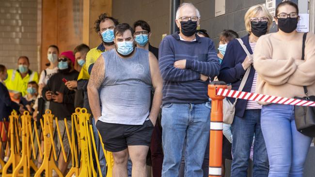 People lining up for testing at the Ipswich Hospital fever clinic. Photo: Glenn Hunt Getty Images