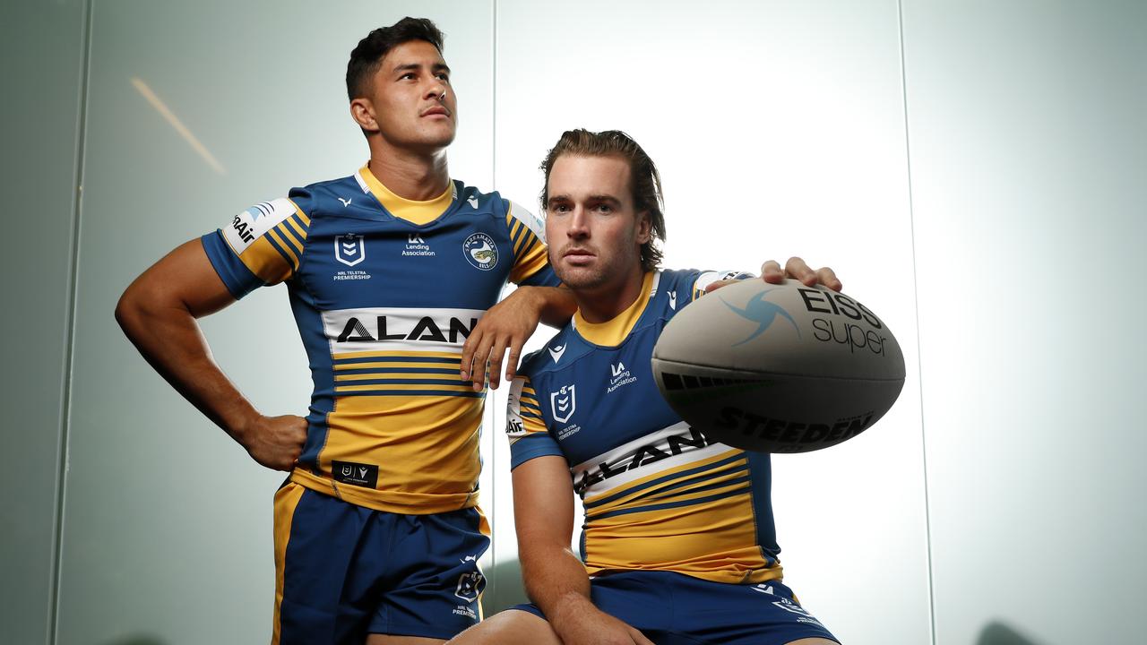 Embargoed for Friday 12 March 2021, Eels teammates Dylan Brown and Clint Gutherson at the NRL season launch at Telstra HQ in Sydney. Picture: