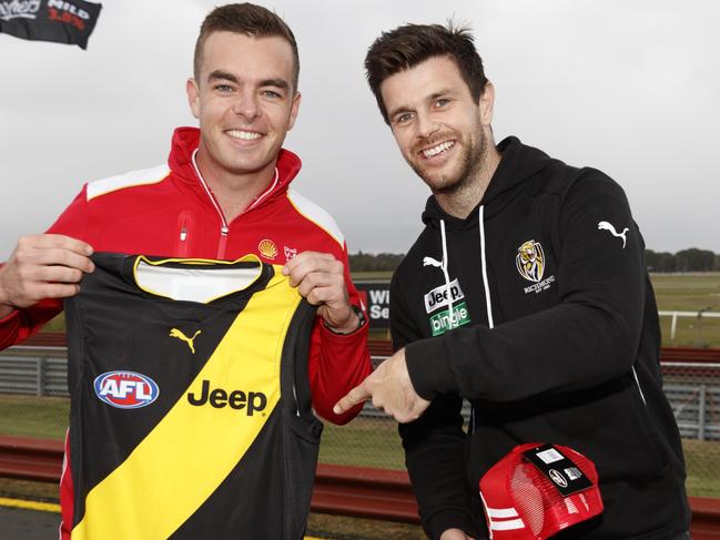 Trent Cotchin with Supercars driver and leader of the Championship Scott McLaughlin and his Pirtek Enduro Series co-driver Alex Premat will be at Sandown International Raceway during the Wilson Security Sandown 500, in Melbourne, Australia, September 14, 2017.