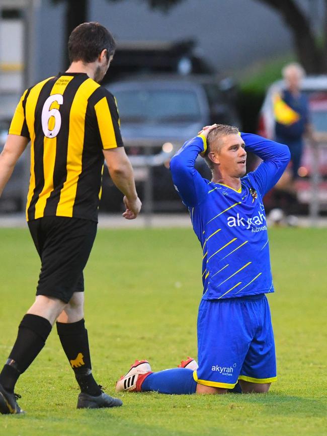 Gympie United Gladiators vs Tallebudgera Valley Tigers - Adam Cross misses a goal by a whisker. Picture: Shane Zahner