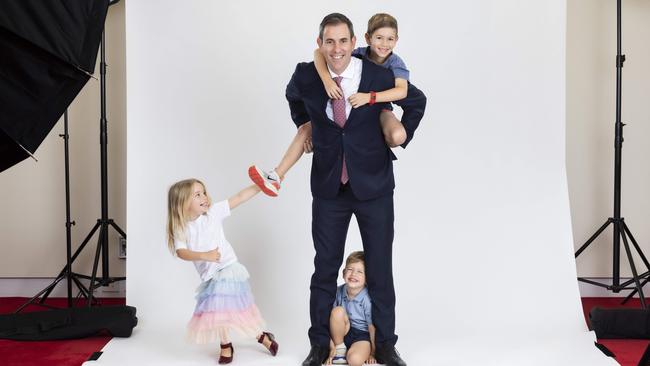 Treasurer Jim Chalmers with his kids Jack, Annabel and Leo. Picture: Glenn Hunt